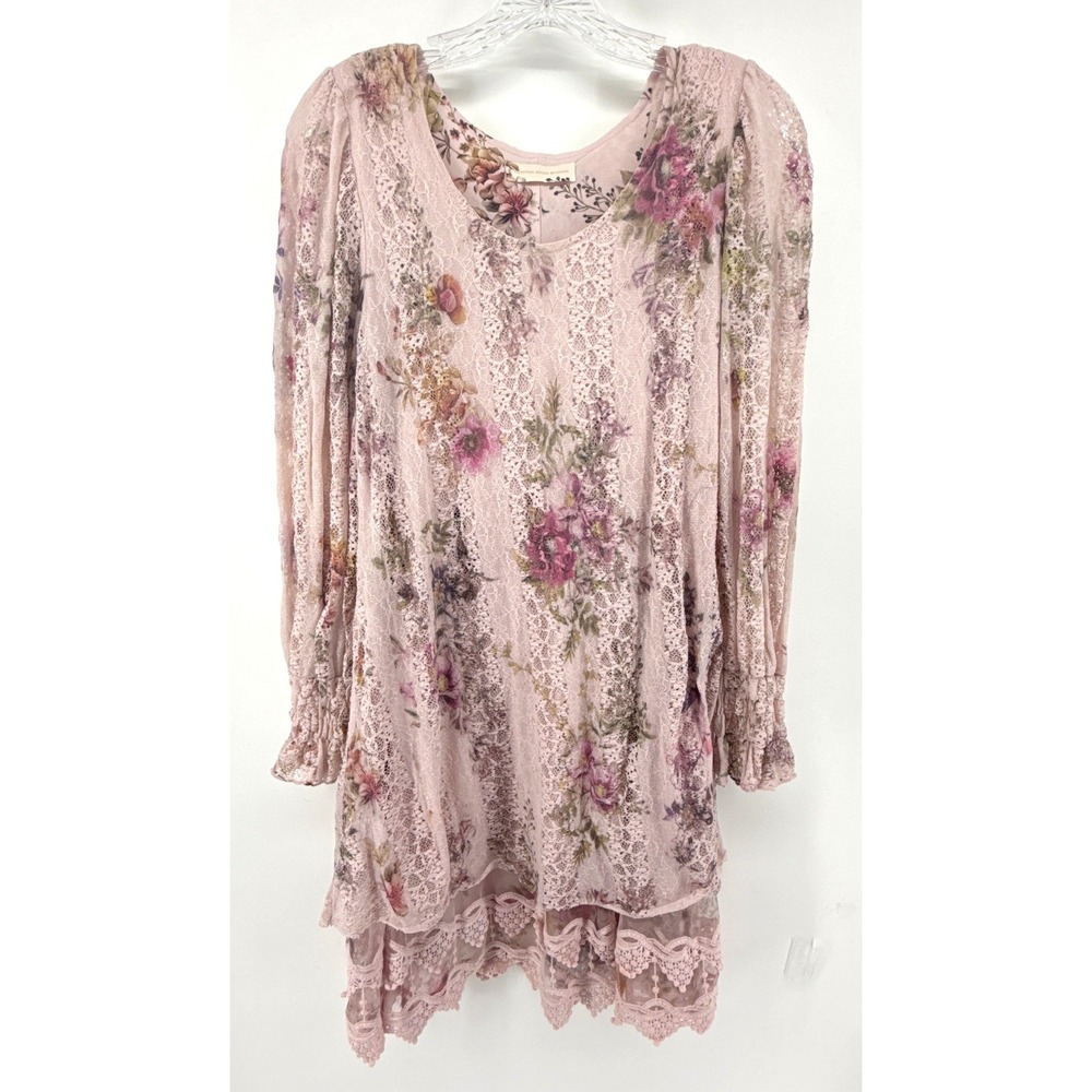 Victorian House Branson Pink Floral Lace Tunic Dress Smocked Long Sleeve Boho